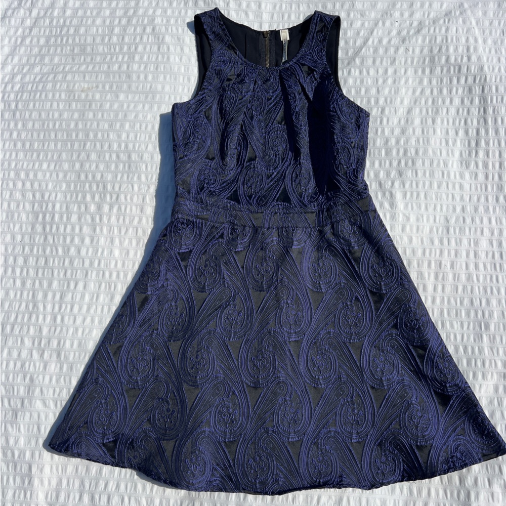 NWT Miami Paisley Jacquard Cocktail Mini Dress in Royal Purple and Black, L